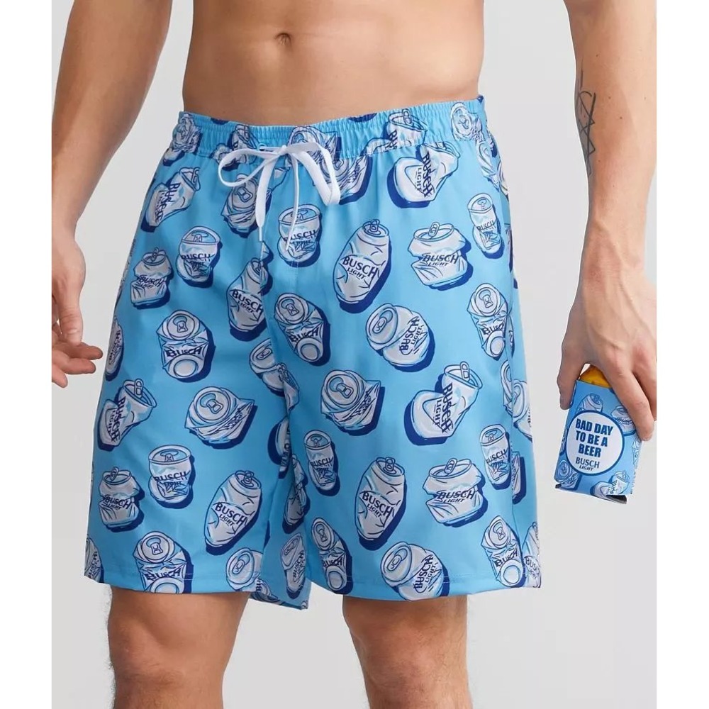 Tipsy Elves Mens Busch Light Beer Can Swim Trunks Blue‎ Shorts with Koozie Small